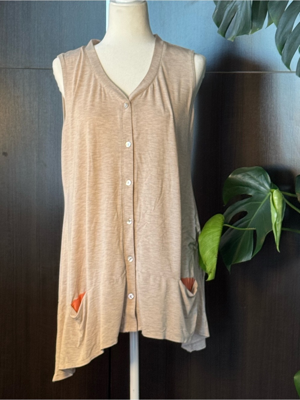 Sleeveless Button-Front V-Neck Tunic in Light Beige